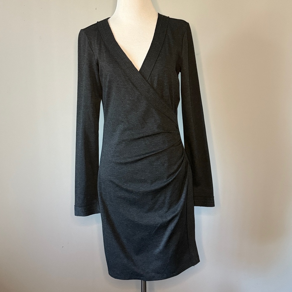 Max Studio Elegant Charcoal Grey Long Sleeve Faux Wrap Dress Med